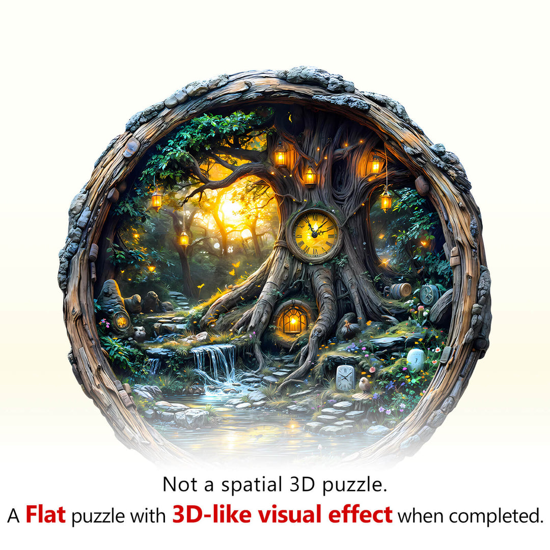 Magic Time Tree wooden jigsaw puzzle featuring a mystical forest scene with a clock and whimsical elements.