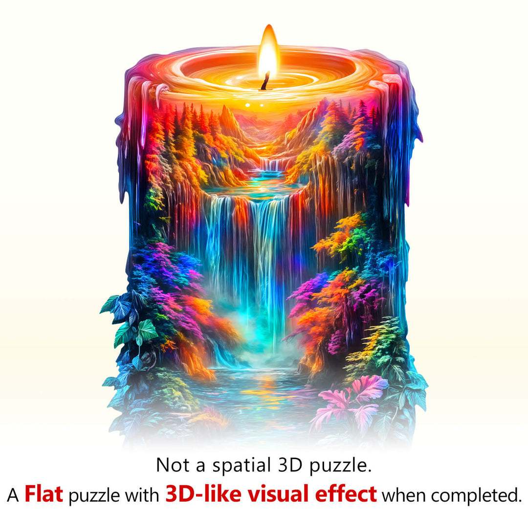 Enchanted Flame Wooden Jigsaw Puzzle featuring vibrant candle and waterfall design, offering a mesmerizing 3D-like visual effect.
