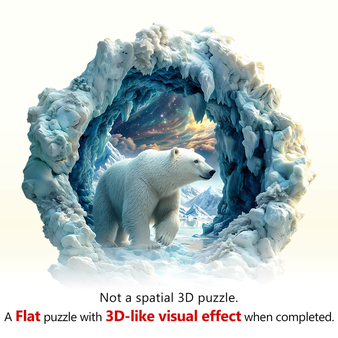 3D Arctic Glory Wooden Jigsaw Puzzle featuring a polar bear in a stunning icy cave, showcasing 3D-like visual effects.