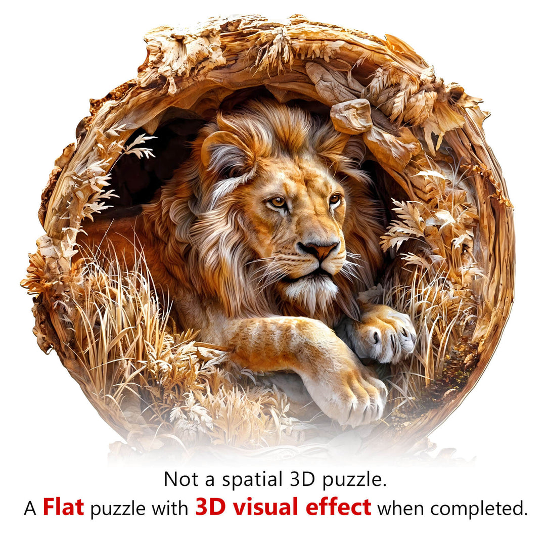 3D Lion Wooden Jigsaw Puzzle featuring a lion emerging from a tree trunk, showing intricate design and 3D visual effect.