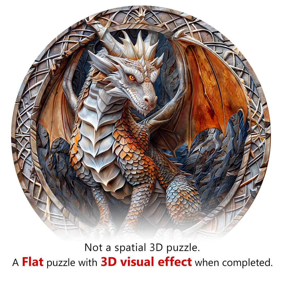 3D Cave Dragon wooden jigsaw puzzle featuring a flat design with 3D visual effects to enhance the puzzling experience.