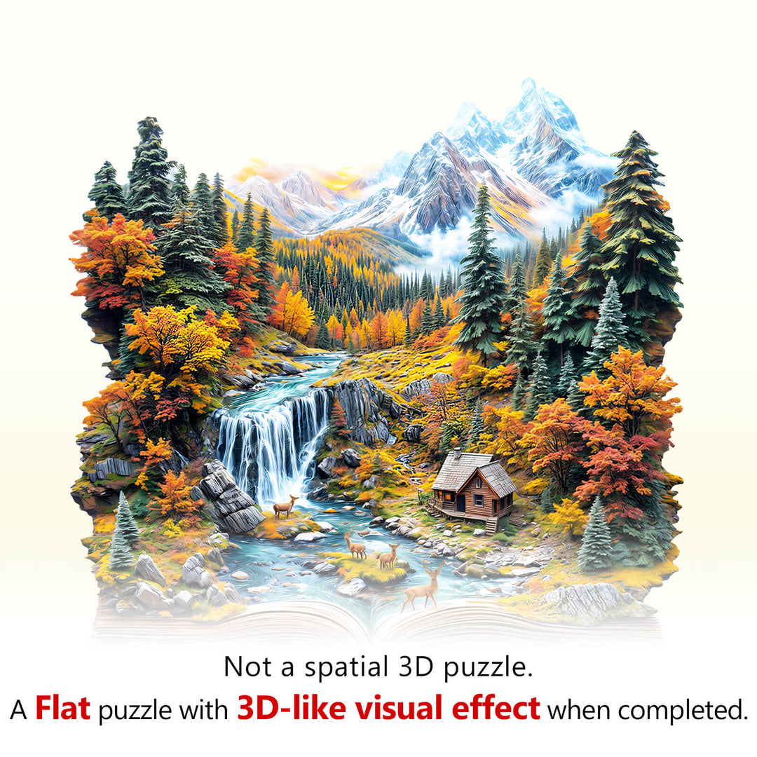 Autumn Wonderland Wooden Jigsaw Puzzle featuring vibrant fall colors, a mountain scene, and a tranquil waterfall.
