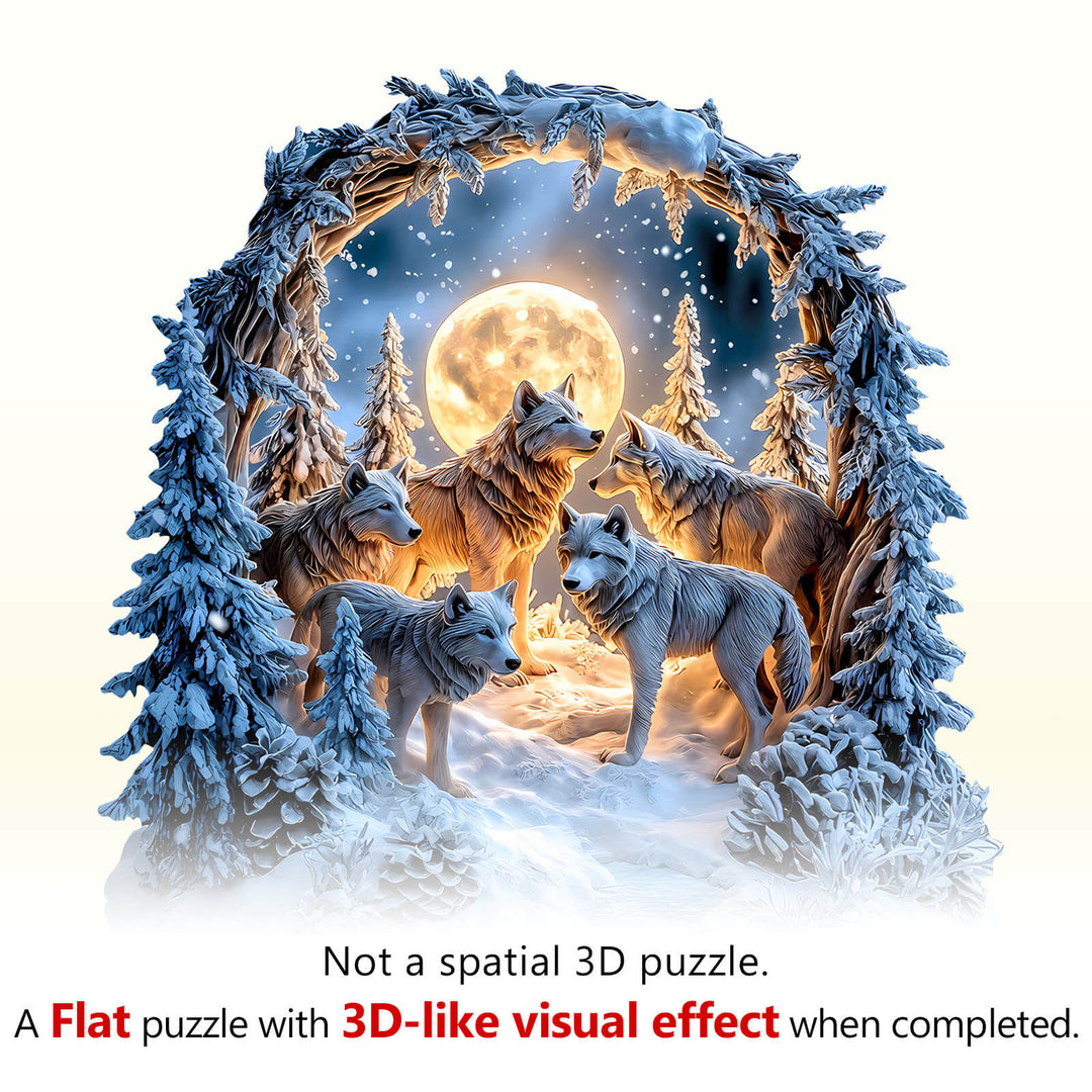 Snowy Night Wolf Pack Wooden Jigsaw Puzzle
