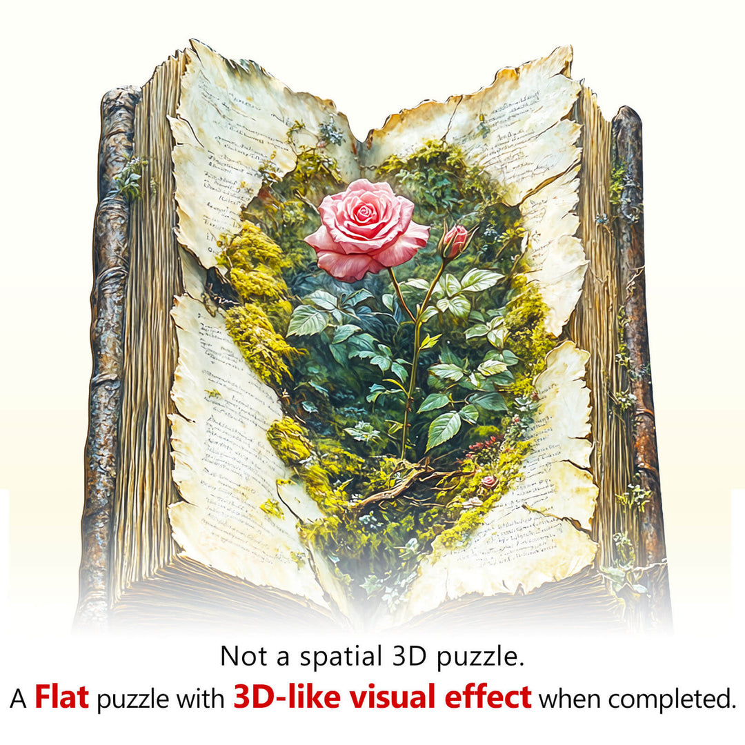 The Last Bloom wooden jigsaw puzzle displaying a 3D-like visual effect of a rose in an open book.