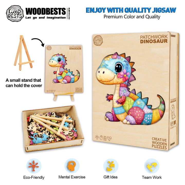 Colorful Patchwork Dinosaur Wooden Jigsaw Puzzle with pieces and stand, promoting brain skills and perfect for gifts.