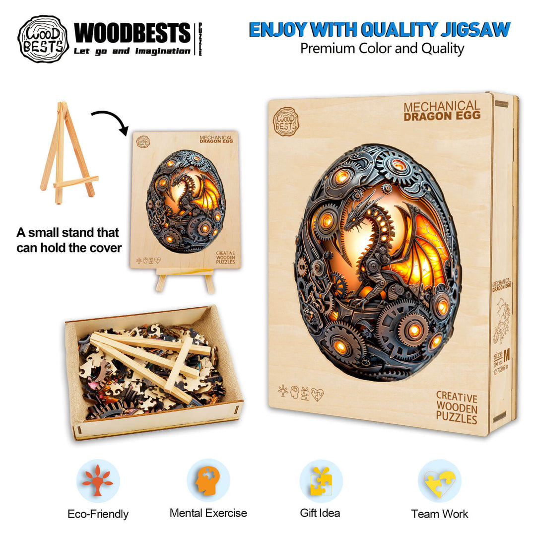 Mechanical Dragon Egg wooden jigsaw puzzle box with pieces and a small stand, promotes mental exercise and teamwork.