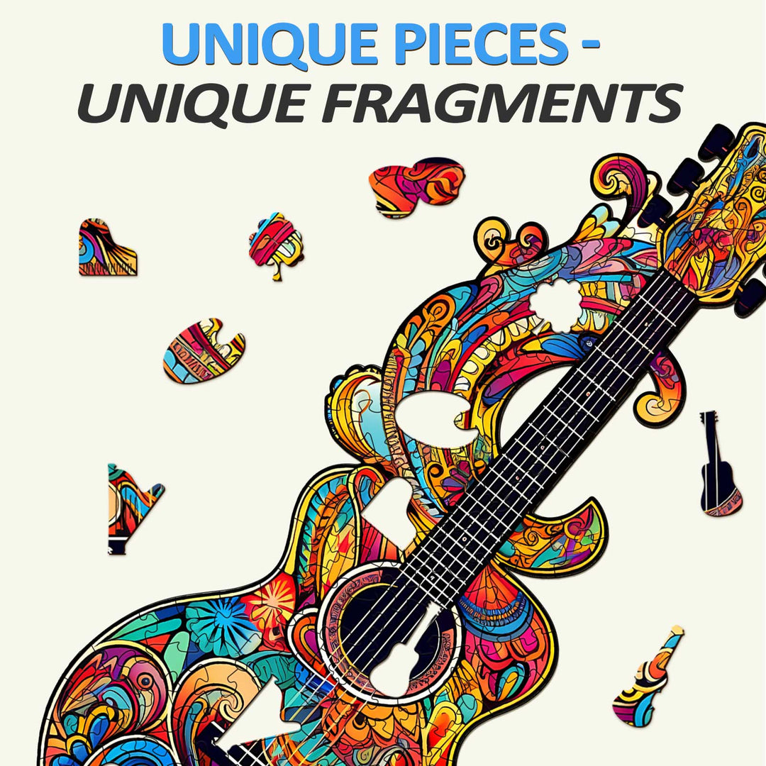 Colorful wooden guitar jigsaw puzzle pieces with intricate designs on a light background.