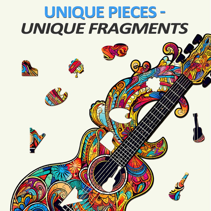 Colorful wooden guitar jigsaw puzzle pieces with intricate designs on a light background.