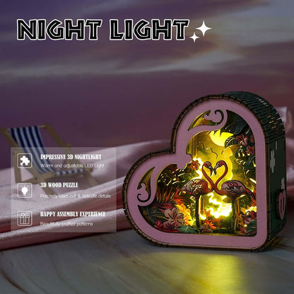 Flamingo With Moonlight Forest - 3D Wooden Puzzle Night Light