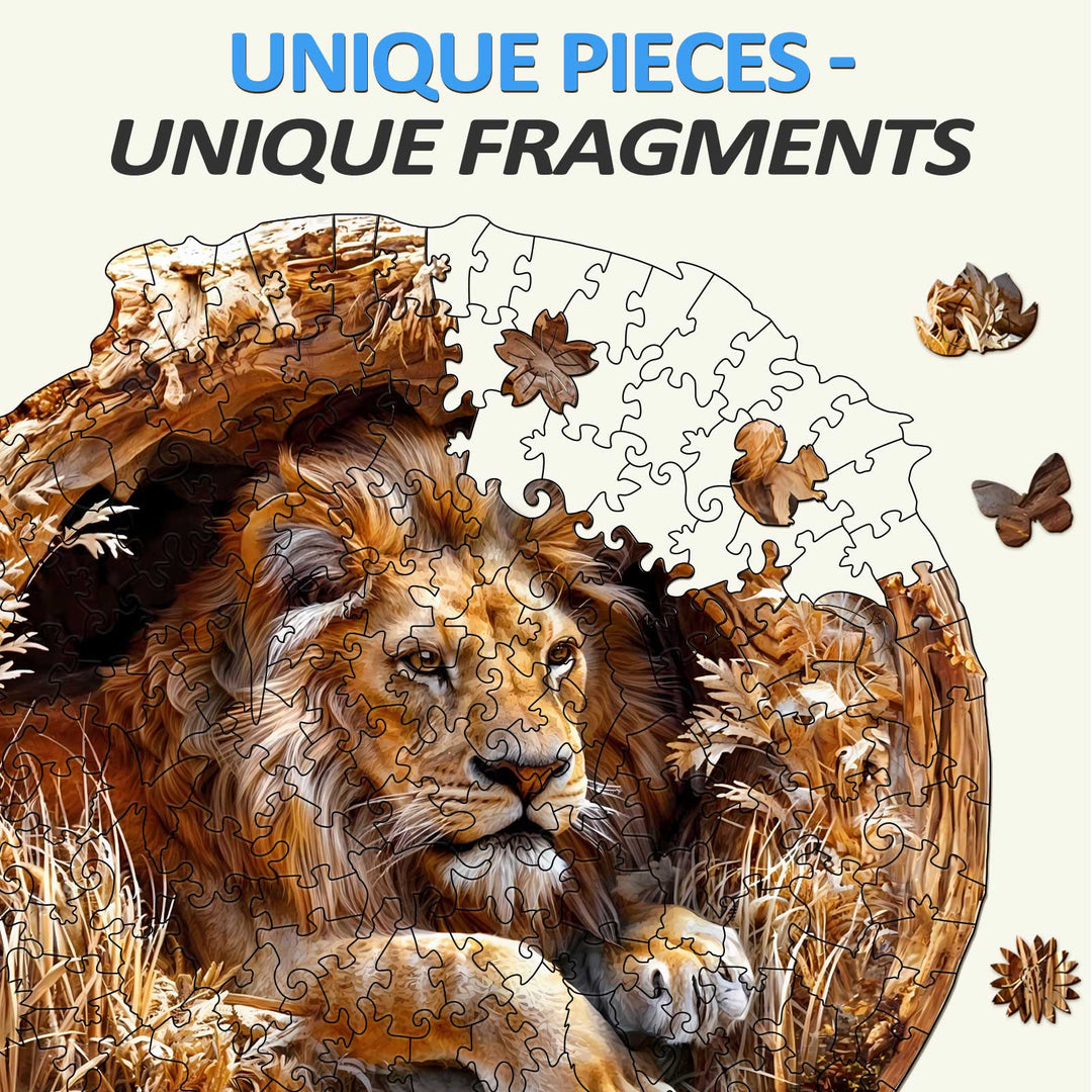 3D lion wooden jigsaw puzzle with unique pieces, designed for mind engagement and focus enhancement.