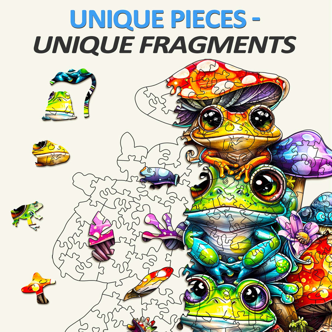 Colorful frog family jigsaw puzzle pieces with unique shapes, featuring vibrant artwork of frogs and mushrooms.