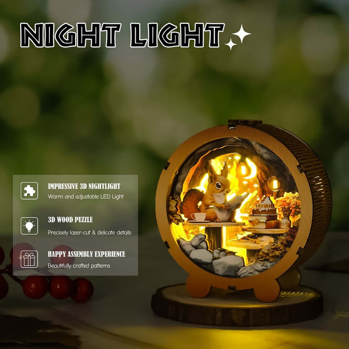 Squirrel's Reading  - 3D Wooden Puzzle Night Light Kit