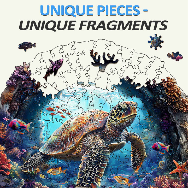 3D Turtle wooden jigsaw puzzle pieces showcasing unique fragments in vibrant underwater scene.