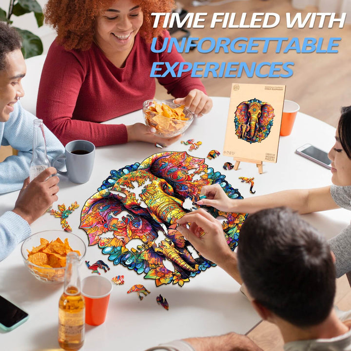 Family enjoying the Mandala Parent-Child Elephant wooden jigsaw puzzle with vibrant colors and unique shapes.