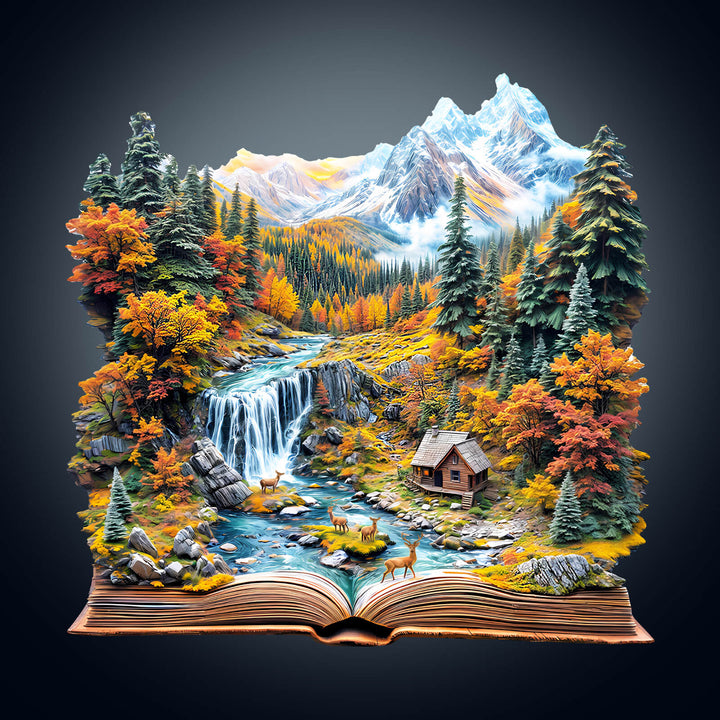 Autumn Wonderland wooden jigsaw puzzle featuring vibrant fall foliage, a river, and a cozy cabin illustration.