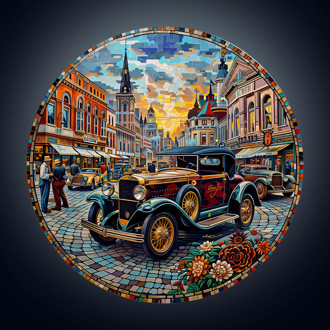 Retro Street wooden jigsaw puzzle featuring a vintage car in a vibrant cityscape scene, designed for puzzle enthusiasts.