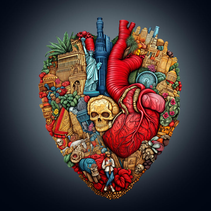 Colorful Heart of the City wooden jigsaw puzzle illustration featuring iconic landmarks and intricate details.
