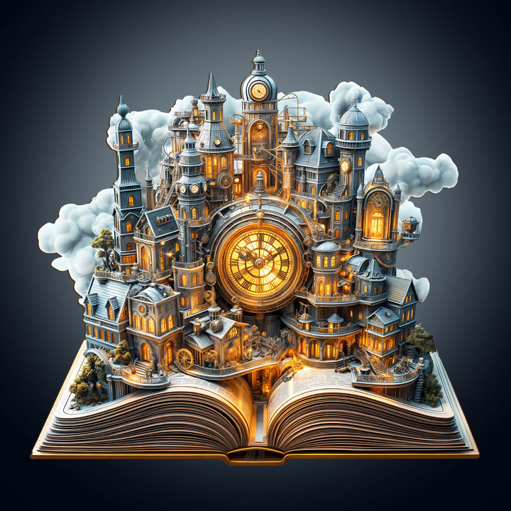 Clockwork City wooden jigsaw puzzle featuring intricate clocktower and buildings, ideal for puzzle enthusiasts and mind games.
