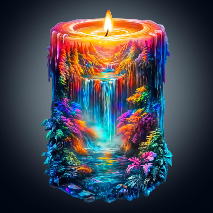 Enchanted Flame wooden jigsaw puzzle featuring a vibrant candle with a waterfall and colorful foliage design.