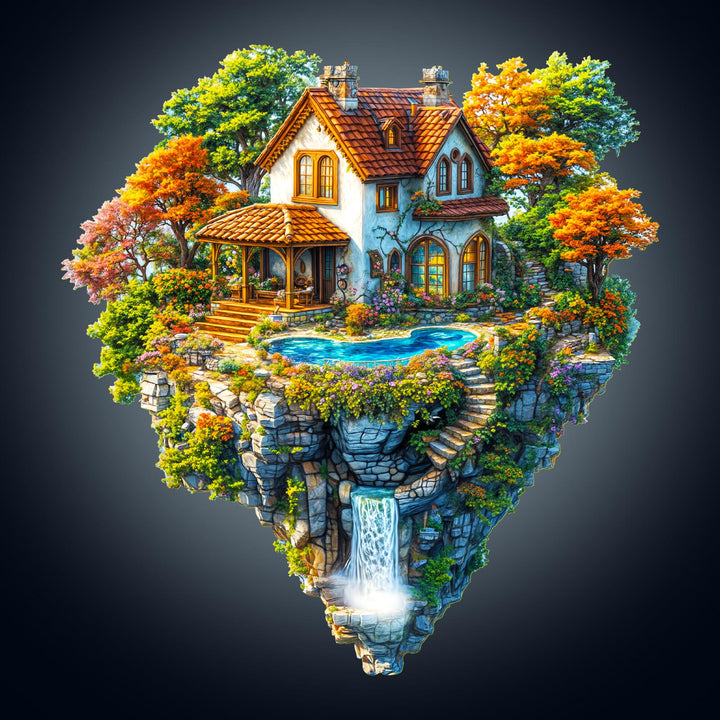 Floating Haven Wooden Jigsaw Puzzle featuring a surreal floating house with a pool and waterfall surrounded by trees.