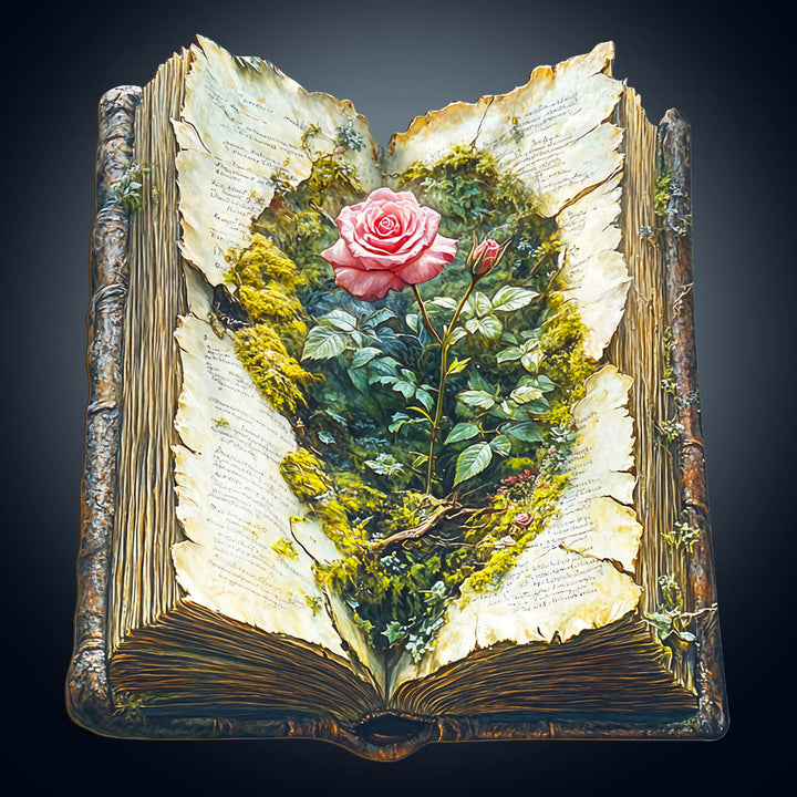 An artistic depiction of an open book with a blooming rose and lush greenery, symbolizing creativity and exploration.