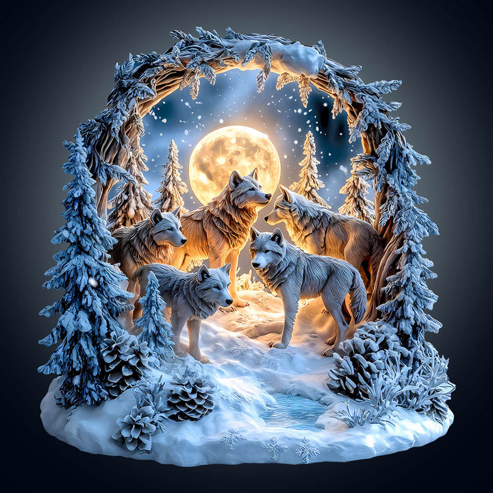 Snowy Night Wolf Pack Wooden Jigsaw Puzzle
