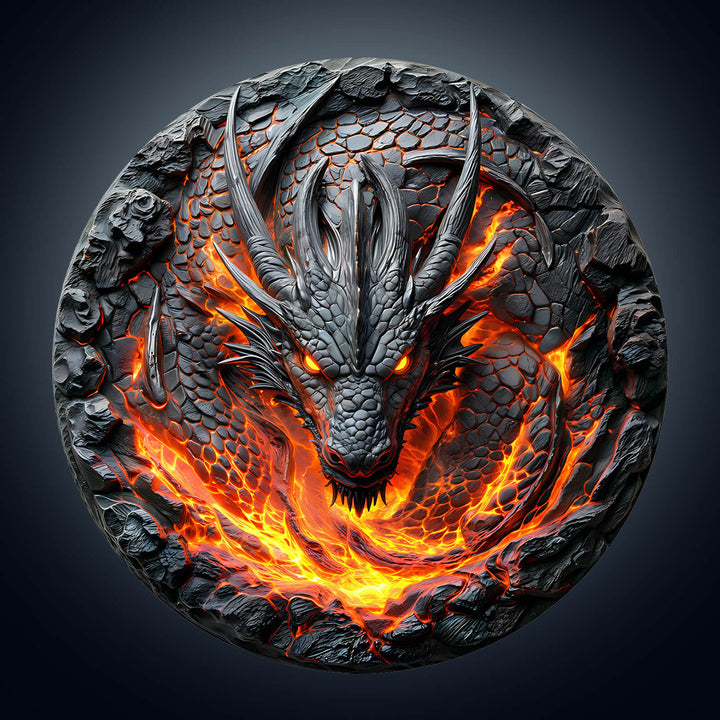 3D flame wall dragon jigsaw puzzle art showcasing intricate design with fiery accents and detailed scales.