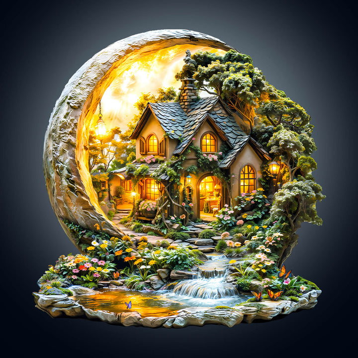Moonlight Garden-1 wooden jigsaw puzzle featuring a whimsical cottage surrounded by a serene landscape and glowing light.