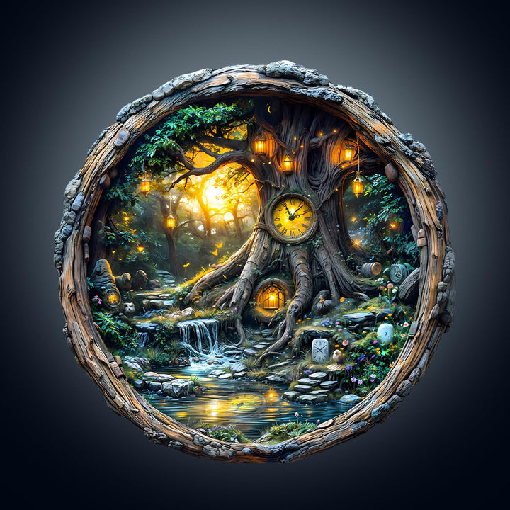 Magic time tree wooden jigsaw puzzle artwork featuring a mystical clock and enchanting forest scene.