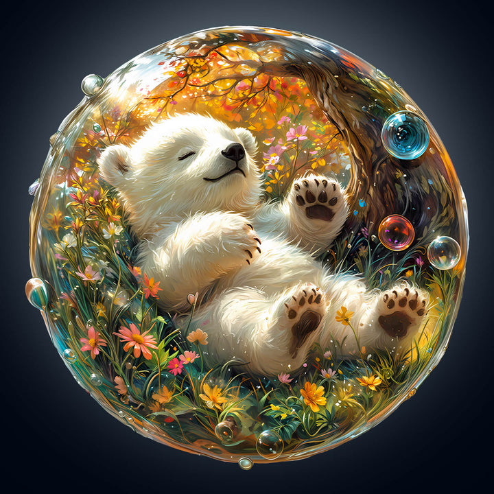 Cute Bubble Bear sleeping in a colorful, flower-filled bubble; perfect for a whimsical puzzle theme.