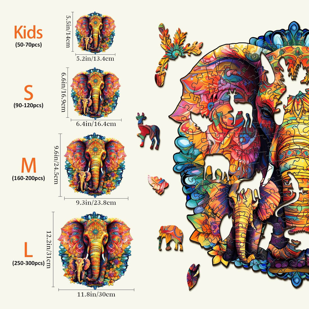 Mandala Parent-Child Elephant Wooden Jigsaw Puzzle sizes, vibrant designs showcasing unique animal shapes and colorful details.