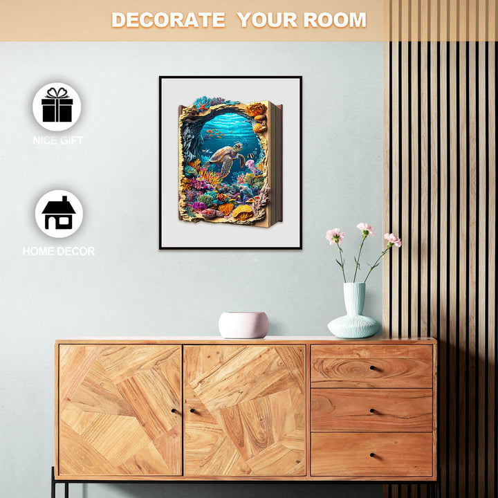 Colorful 3D wooden jigsaw puzzle of underwater scene on a wall, enhancing home decor and creative gift idea.