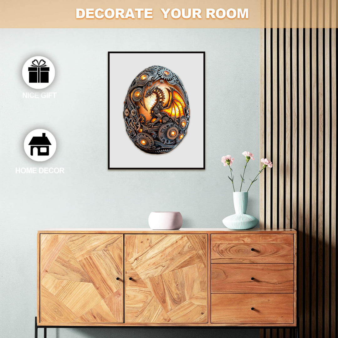 Decorative Mechanical Dragon Egg jigsaw puzzle artwork displayed on a wooden cabinet for home decor.