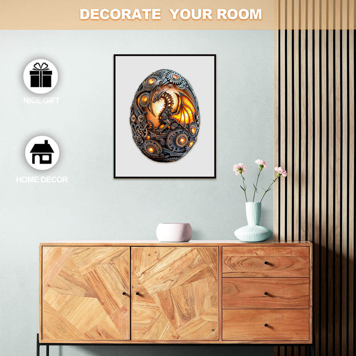 Decorative Mechanical Dragon Egg jigsaw puzzle artwork displayed on a wooden cabinet for home decor.