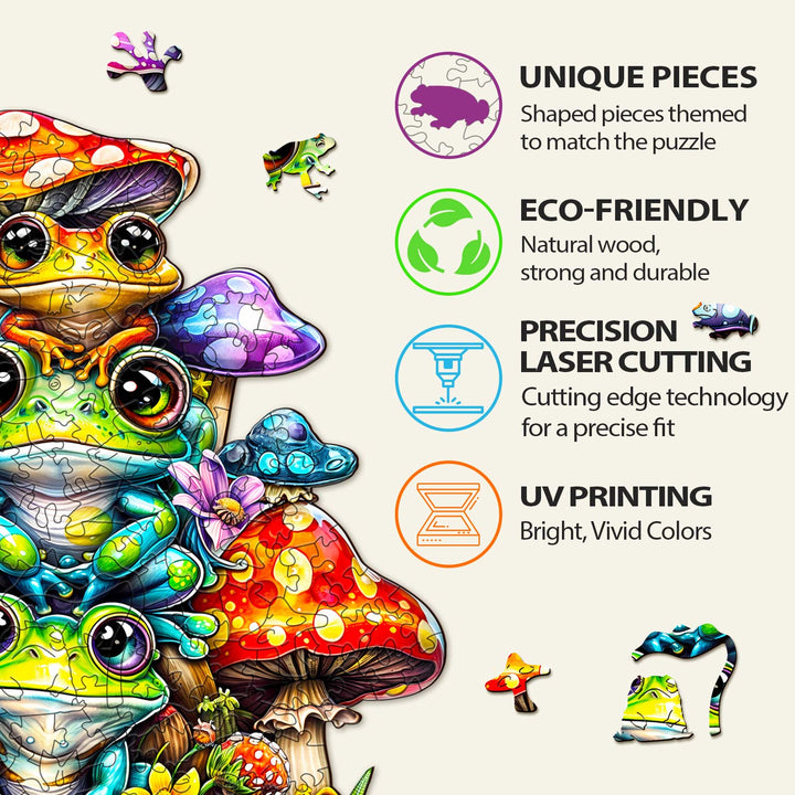 Frog Family Wooden Jigsaw Puzzle features unique eco-friendly pieces, precision cutting, and vibrant UV printing.