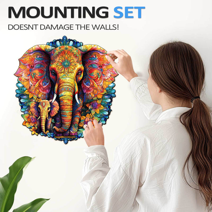 Colorful elephant wall art being mounted without damaging walls by a woman in a white shirt.