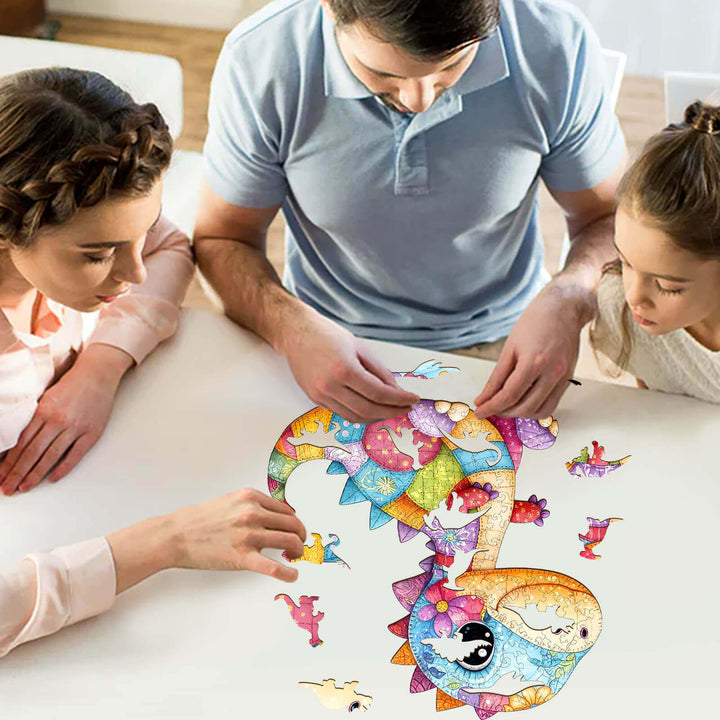 Family enjoying the Patchwork Dinosaur Wooden Jigsaw Puzzle, enhancing skills and creating joyful moments together.
