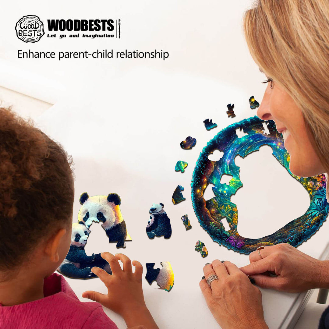 A woman and child assembling a colorful 3D panda family wooden jigsaw puzzle, enhancing their bond.