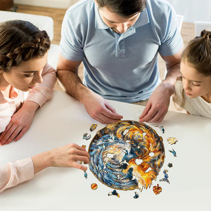 Family assembling the Yin Yang Phoenix-2 wooden jigsaw puzzle, focusing on teamwork and concentration.