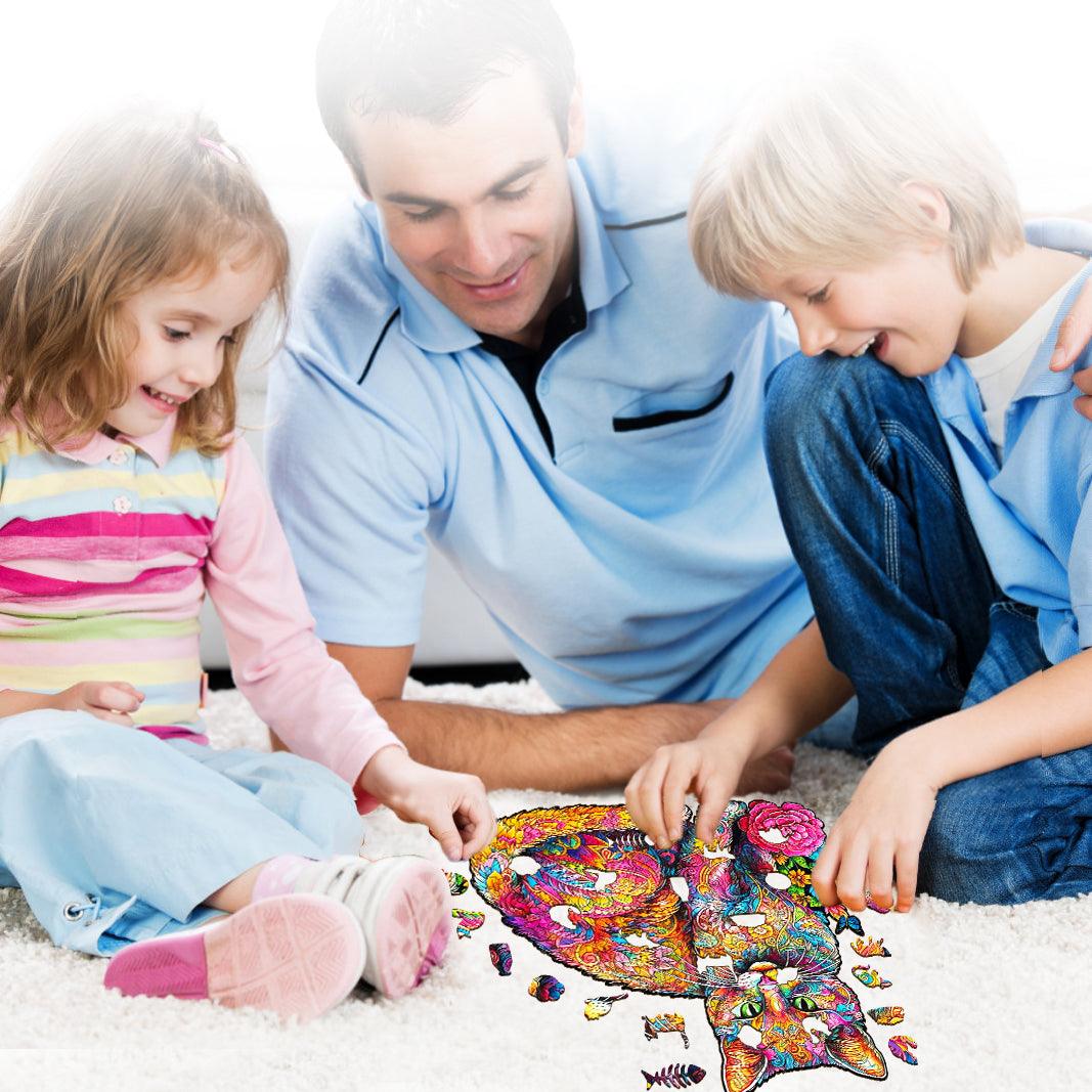 Family bonding over a colorful Naughty Cat wooden jigsaw puzzle, showcasing joy and engagement during playtime.