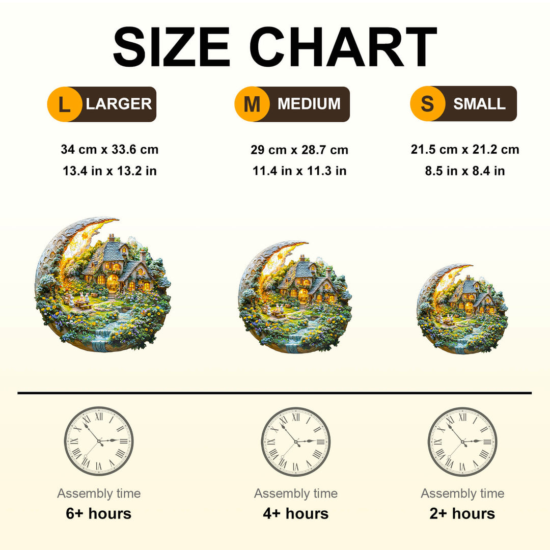 Size chart for Moonlight Garden-2 Wooden Jigsaw Puzzle showing dimensions and assembly times for large, medium, and small sizes.
