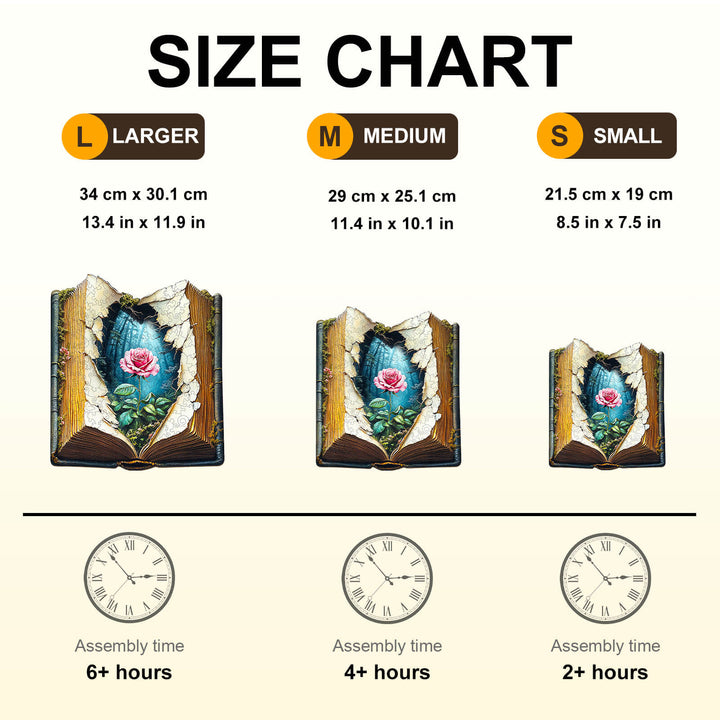 Size chart for Blooming Story Wooden Jigsaw Puzzle with dimensions and assembly times for small, medium, and large options.