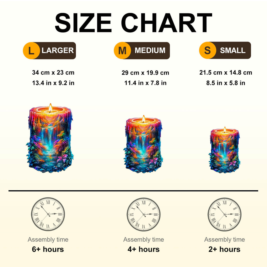 Size chart for Enchanted Flame wooden jigsaw puzzle illustrating large, medium, and small candle dimensions and assembly times.