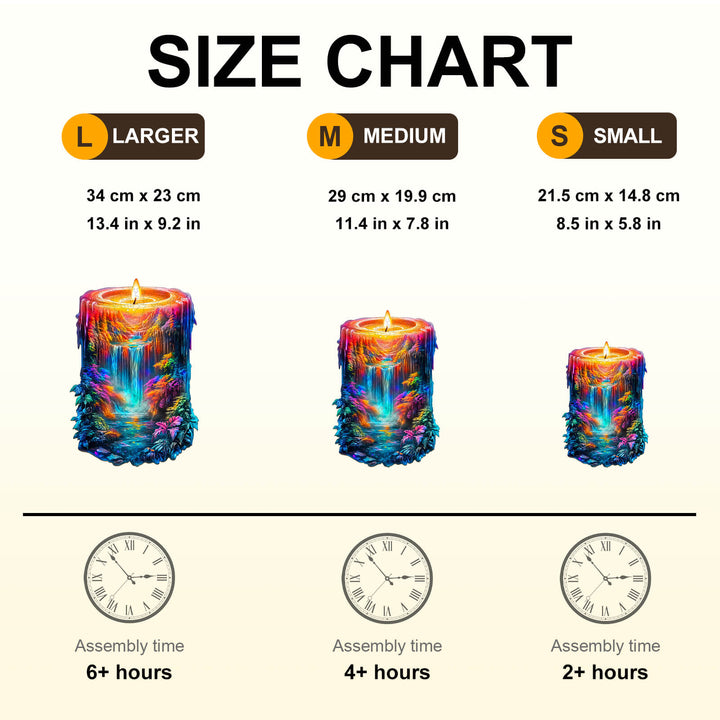 Size chart for Enchanted Flame wooden jigsaw puzzle illustrating large, medium, and small candle dimensions and assembly times.