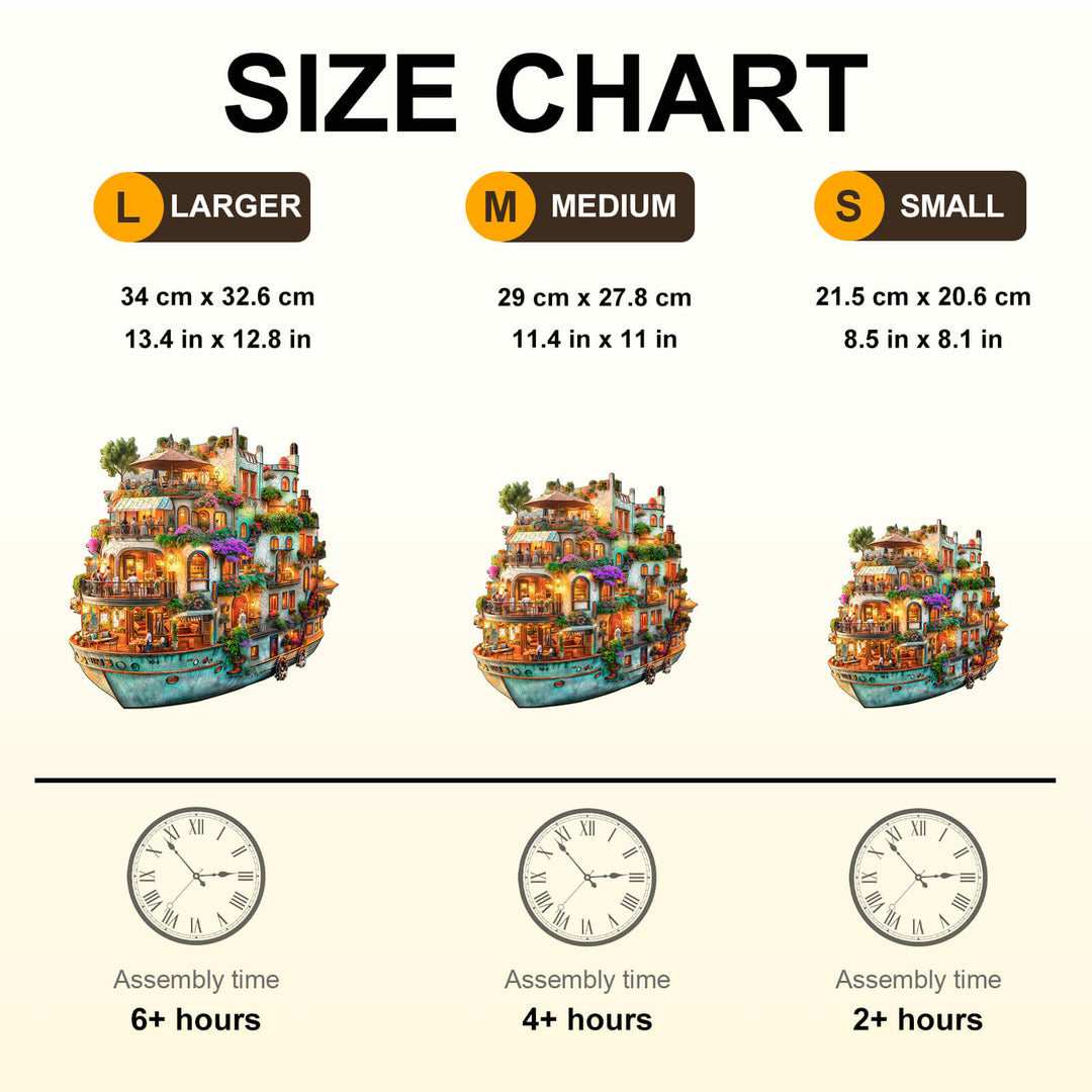 Size chart for Voyage Garden Wooden Jigsaw Puzzle, detailing dimensions and assembly times for large, medium, and small sizes.