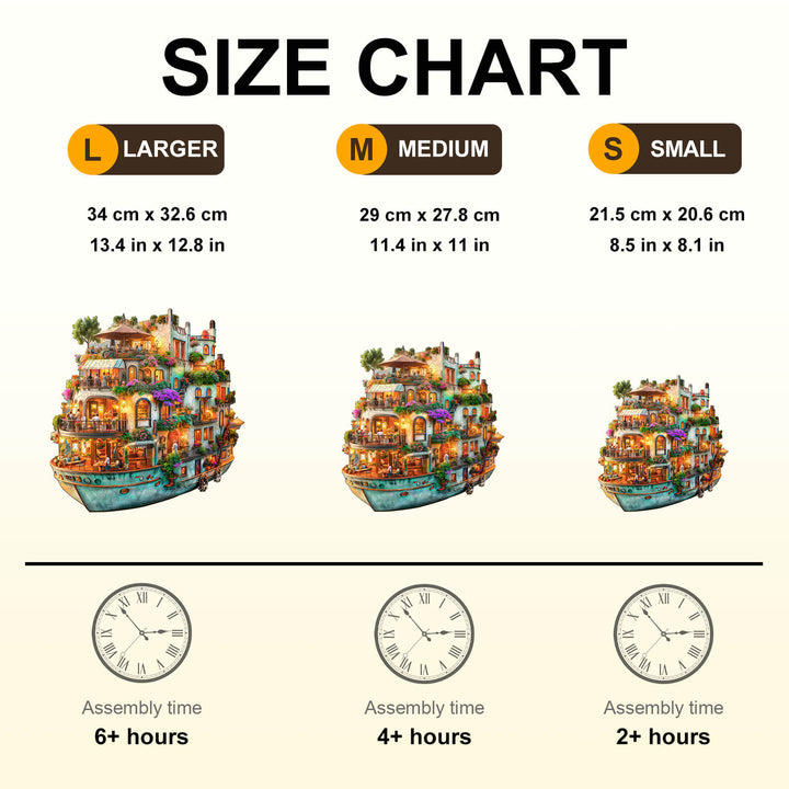Size chart for Voyage Garden Wooden Jigsaw Puzzle, detailing dimensions and assembly times for large, medium, and small sizes.