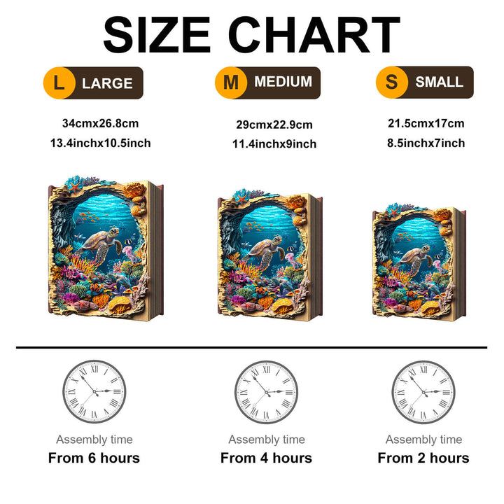 Size chart for 3D Deep Blue Wooden Jigsaw Puzzle showing dimensions and assembly times for large, medium, and small options.