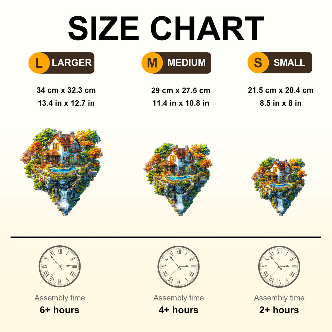 Size chart for Floating Haven wooden jigsaw puzzle, showing dimensions and assembly times for large, medium, and small options.