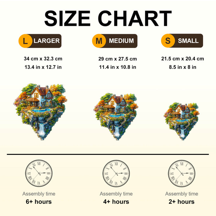 Size chart for Floating Haven wooden jigsaw puzzle, showing dimensions and assembly times for large, medium, and small options.