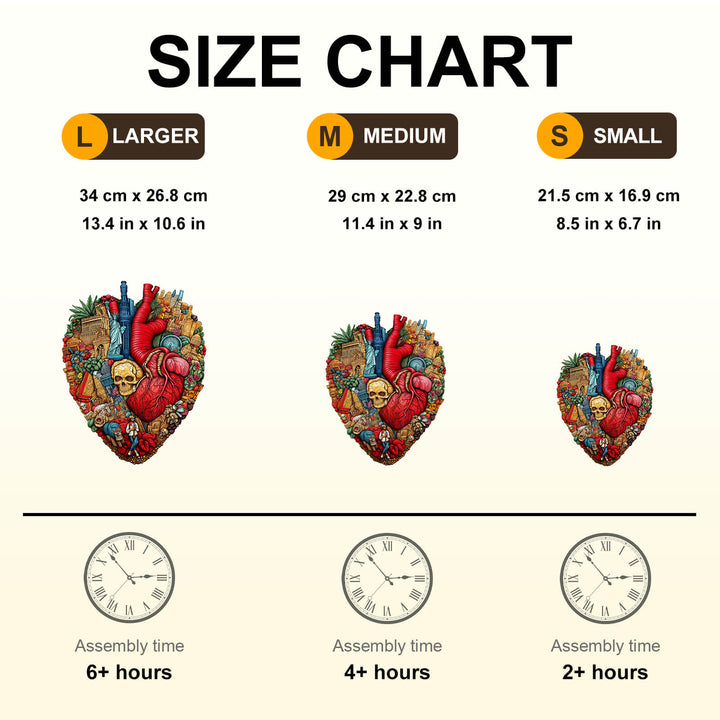 Heart of the City wooden jigsaw puzzle size chart showing large, medium, and small dimensions with assembly times.